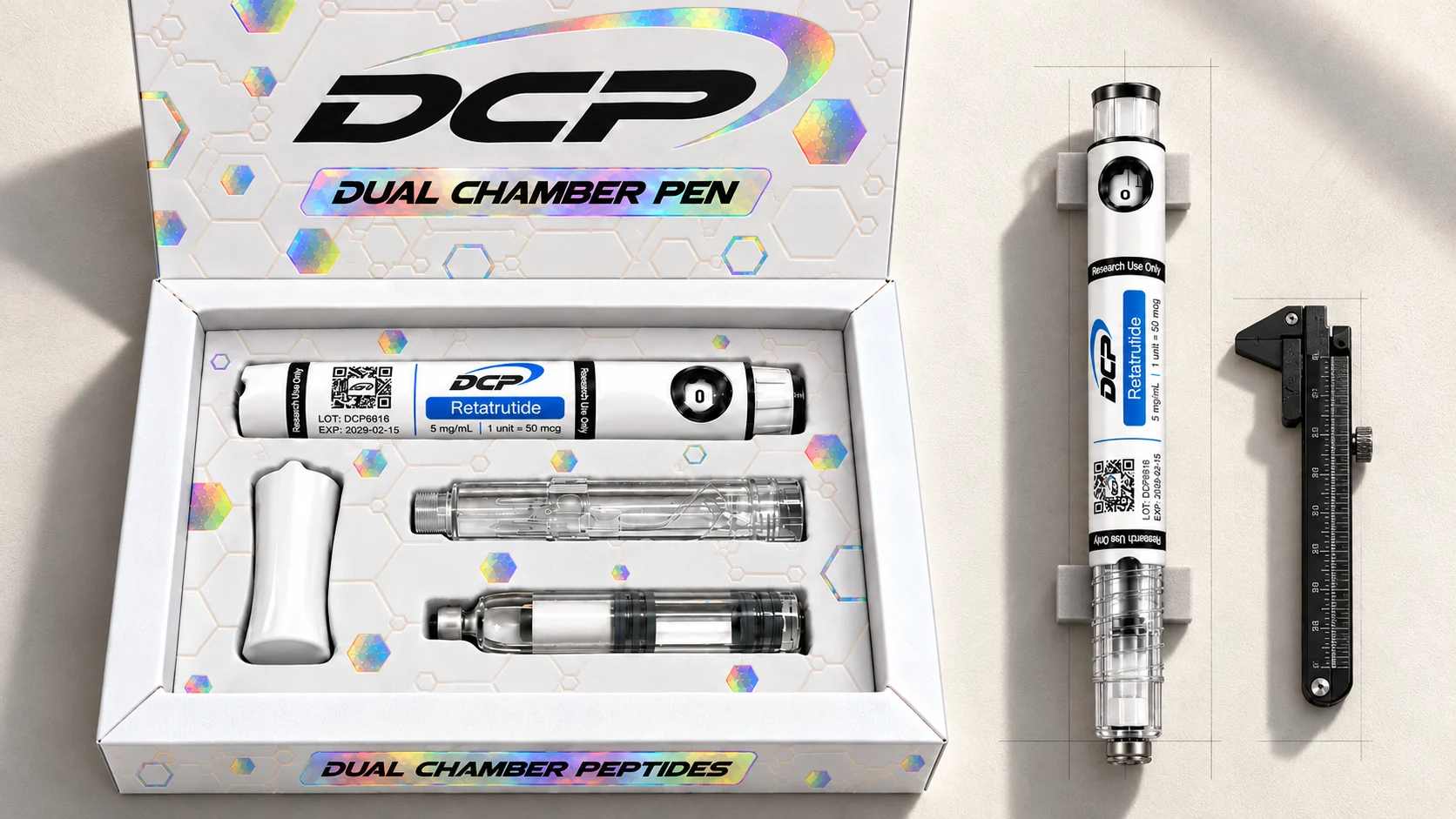 Dual Chamber Peptides — Urednička kompozicija proizvoda; nije fotografija stvarnih objekata, dodataka ili rezultata testiranja.