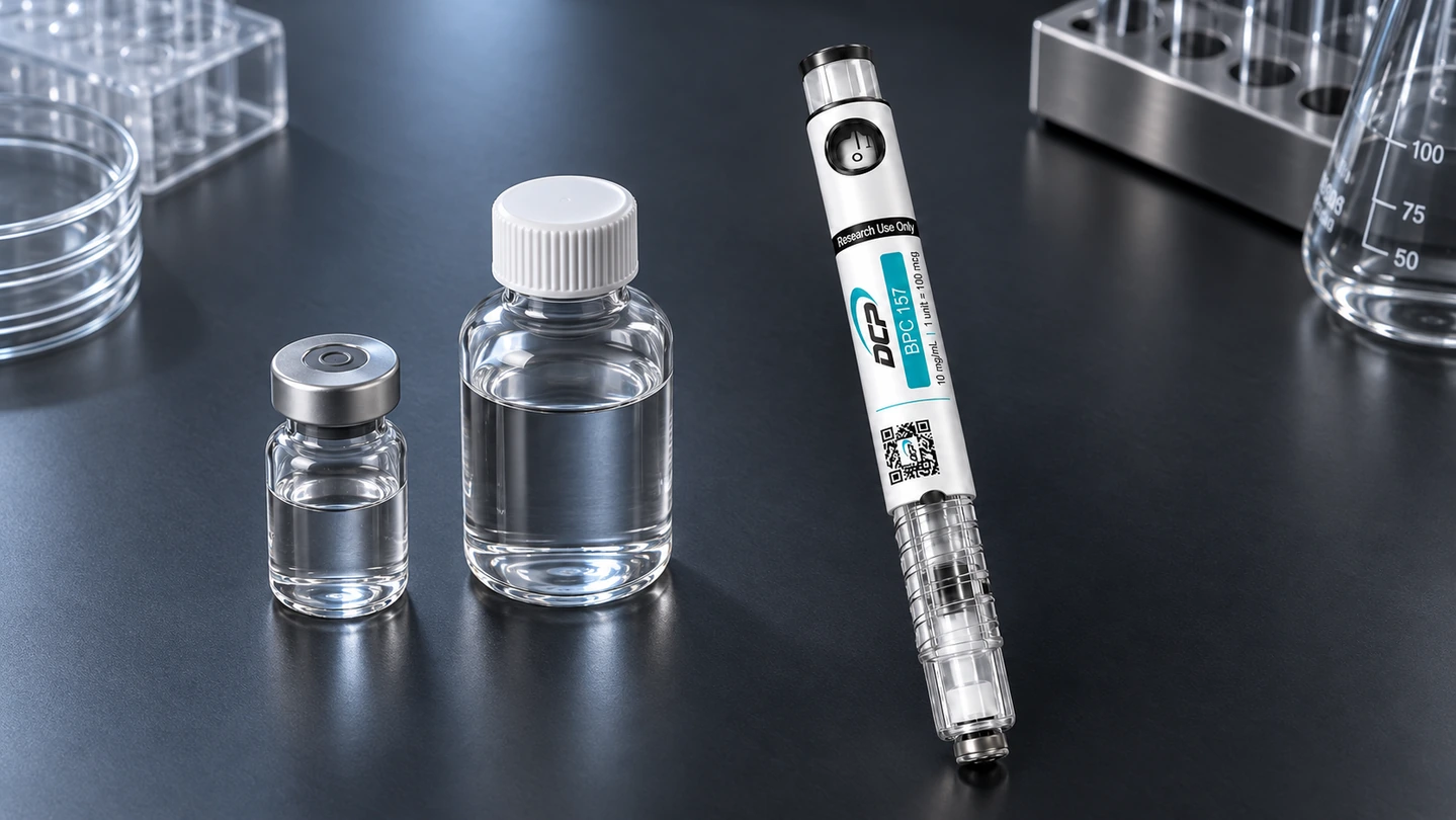Injekcijska olovka Dual Chamber Peptides pored konvencionalne bočice, boce s otapalom i zapakirane laboratorijske opreme